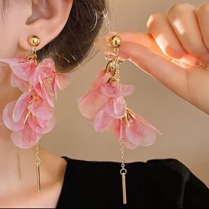 Pink Floral Dangle Earrings Romantic Party Jewelry Silver